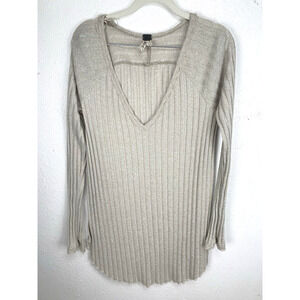 FREE PEOPLE Beach Babe Hacci Tunic Ribbed V-Neck Sweater Beige Size M